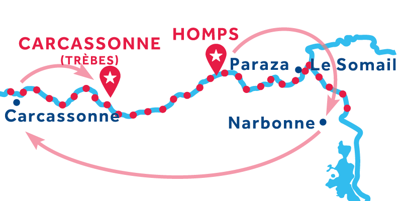 Homps à Trèbes via Narbonne & Carcassonne