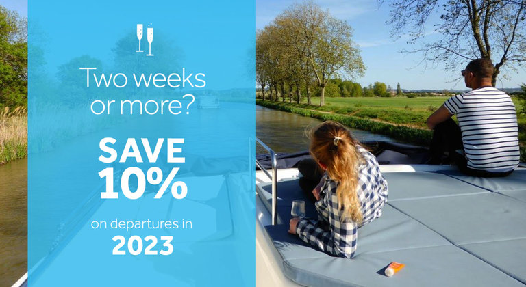 Multiple week booking save 10% offer - couple on top deck of a boat in the background