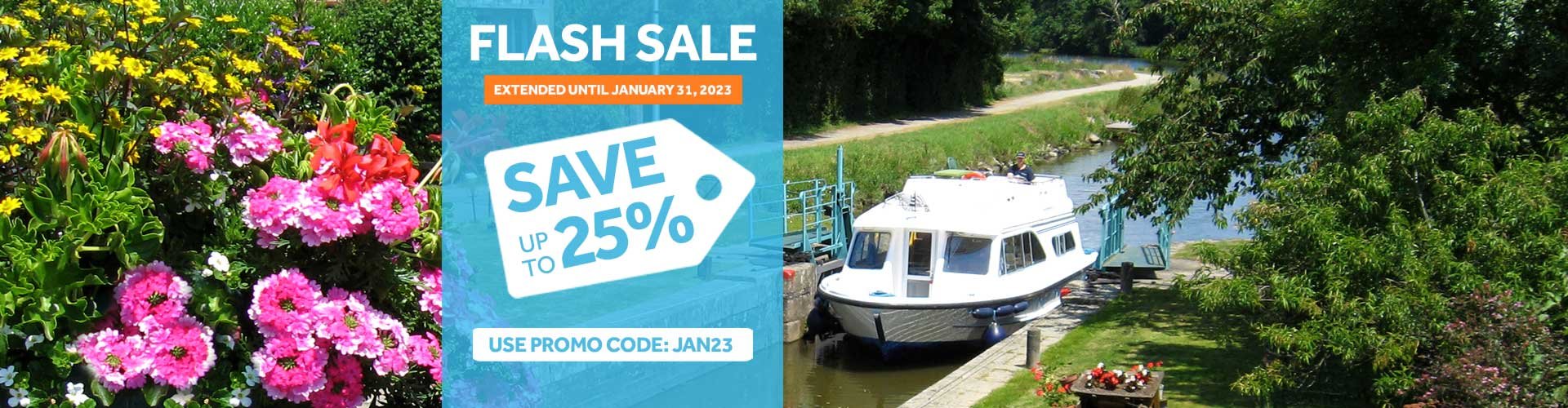 Flash Sale - Extended until Jan. 31, 2023 - Save up to 25% on 2023 boating vacations offer banner